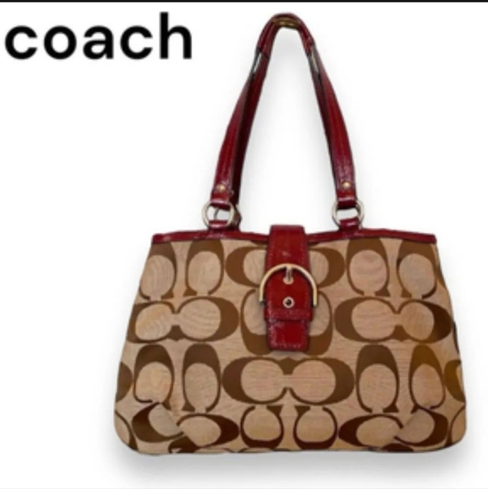 SOLD Coach Tan Signature w/Wine Trim